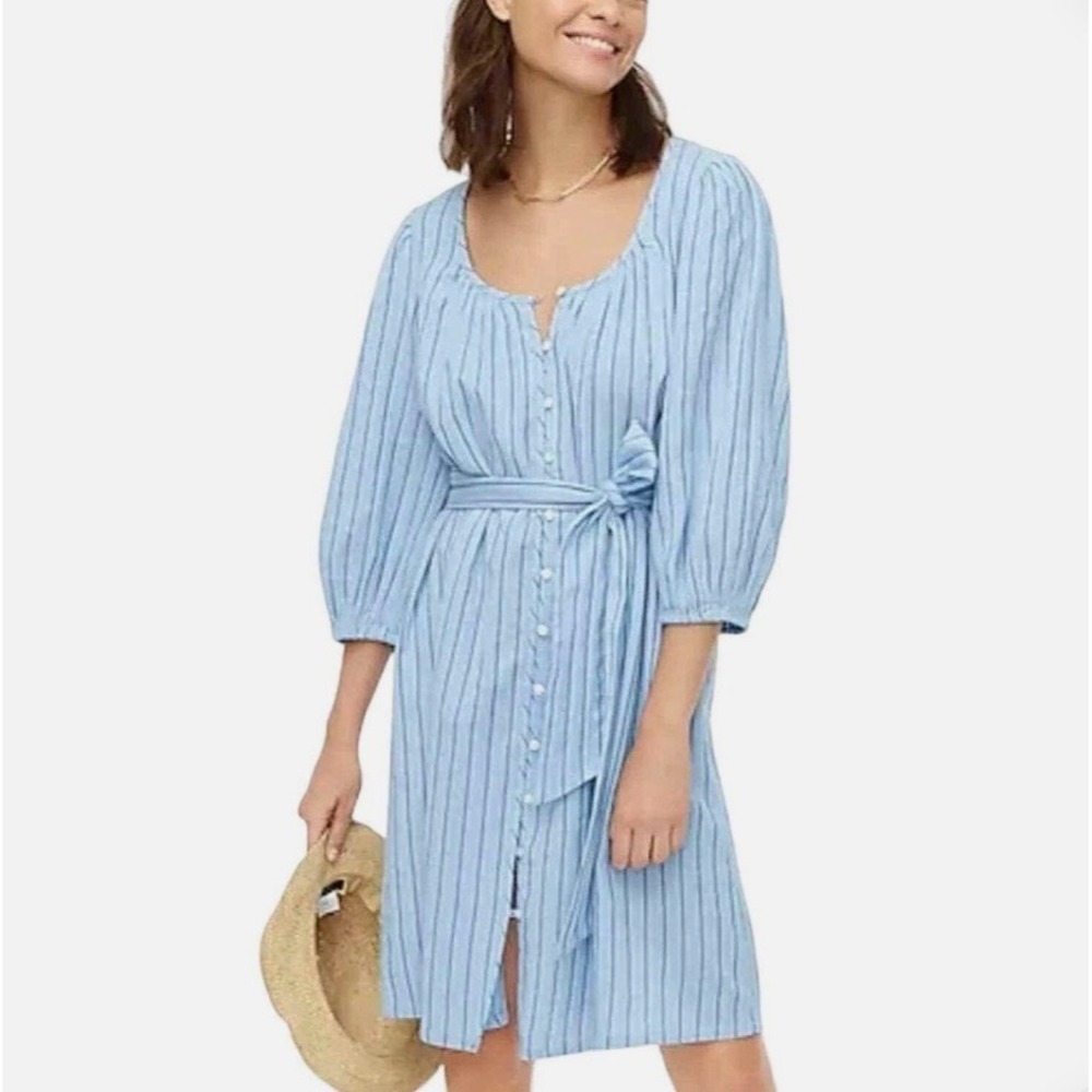 New J. Crew Dress Balloon Sleeve Pinstripe Cotton Women Medium Blue Tie Waist